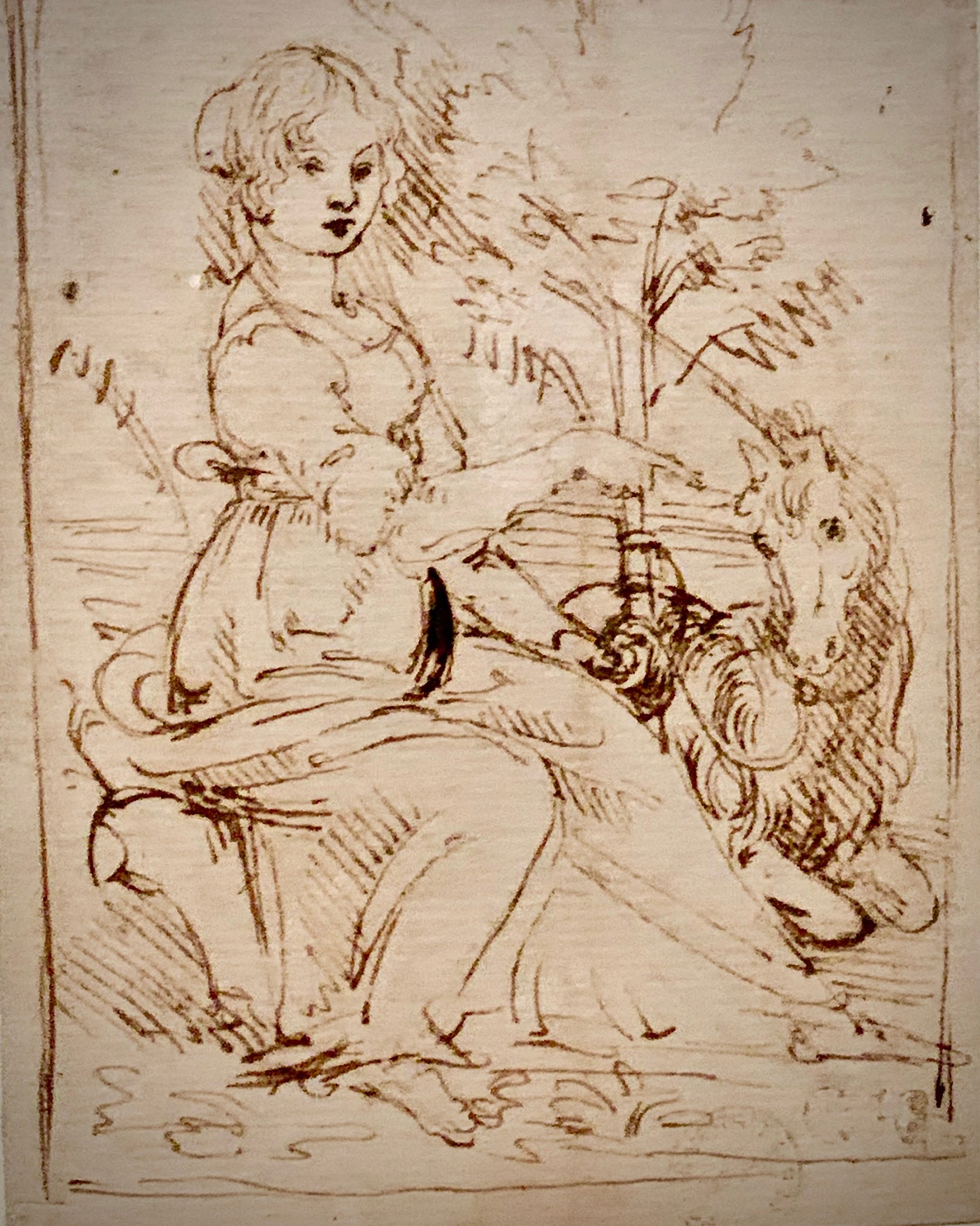 Leonard-de-Vinci-Etude-pour-une-femme-accompagnee-dune-licorne-1478-80-Plume-et-encre-brune-Oxford-Ashmolean-Museum-scaled